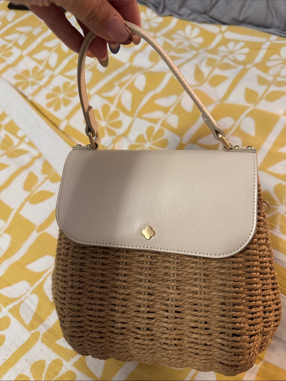 Leather-Trim Woven Top-Handle Bag in Cream and Brown